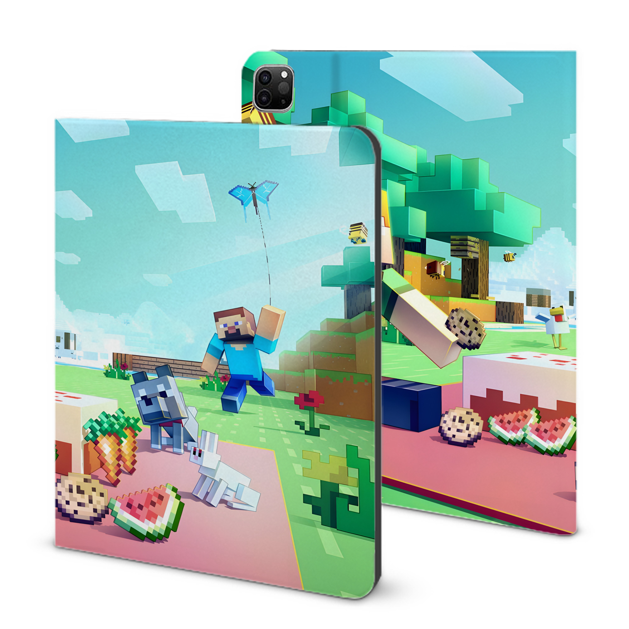 （画像用） マインクラフト ブロックの世界 Minecraft MC Block world IPad ケース ブック型 PUレザー TPU 耐衝撃 軽量 薄型 ペン収納なし 全面保護 IPad 各モデル対応